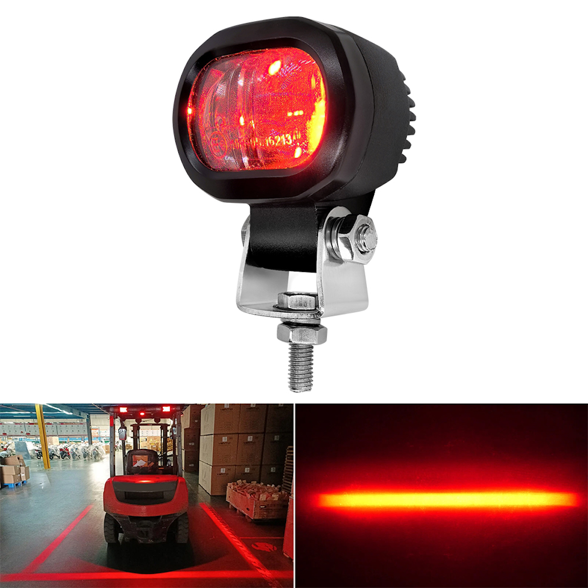 Product imagery of the Red Line Alert Forklift Light from Transmon Engineering, with application imagery shown below. 